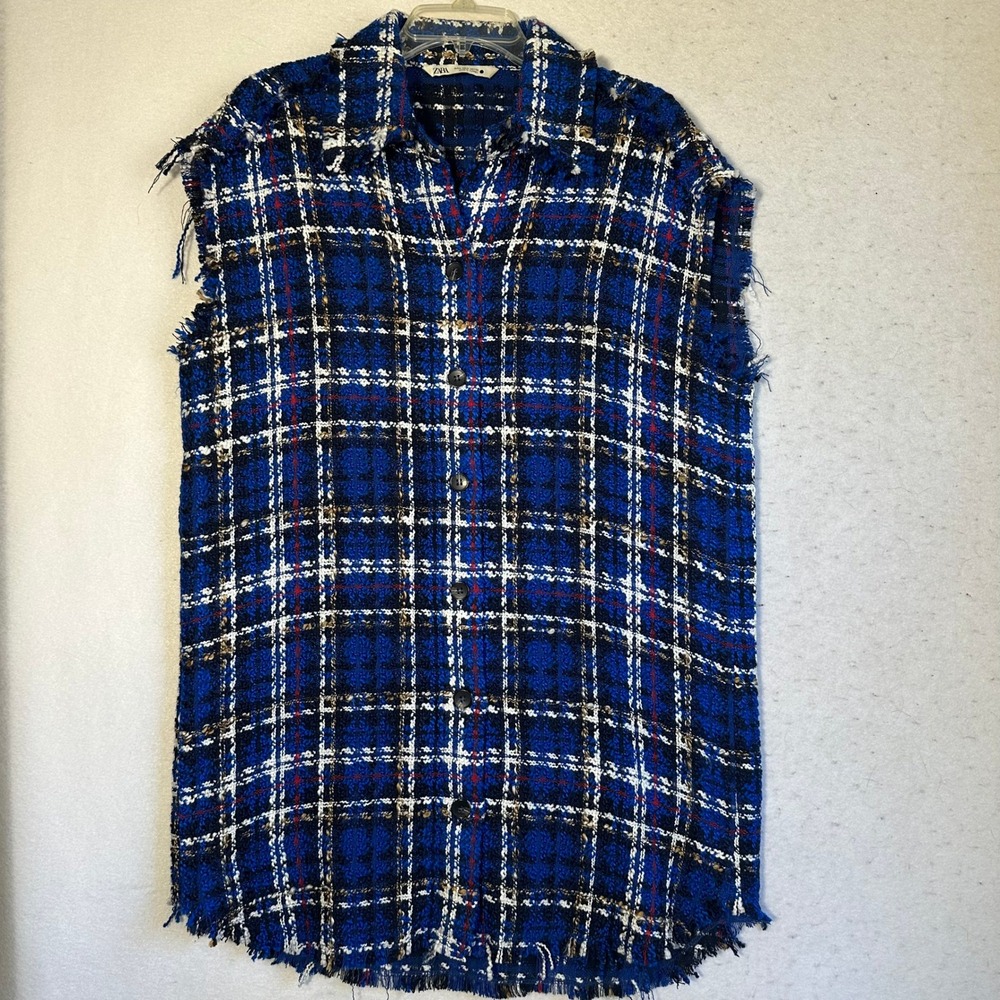 Zara Blue Plaid Tweed Sleeveless Button Down Frayed Hem Top Small